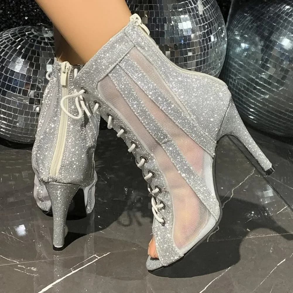 2026 Fashion Round Toe Round Toe Paillettes Lace-Up Zip Side Anti-slip Heel High Heel Fish Mouth Shoes Fashion Plus Size Sandals