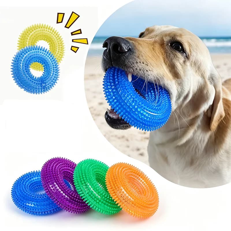 Interaction Durable Squeaky TPR Dog Chew Toy With Spiky Ring Texture Teeth Cleaning And Grinding Tire Toy For Dogs Pet Molar Toy