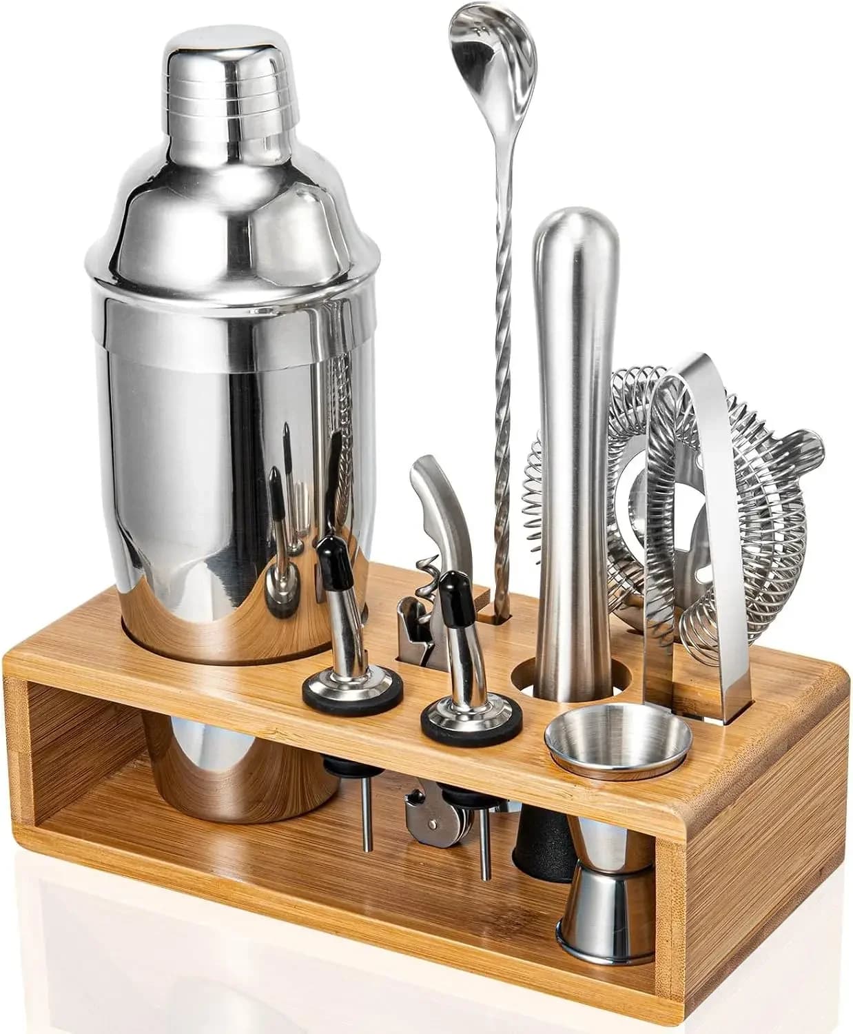 10-Piece Cocktail Shaker Set with Bamboo Stand, 18/8 Stainless Steel, Rust-Proof & Dishwasher Safe