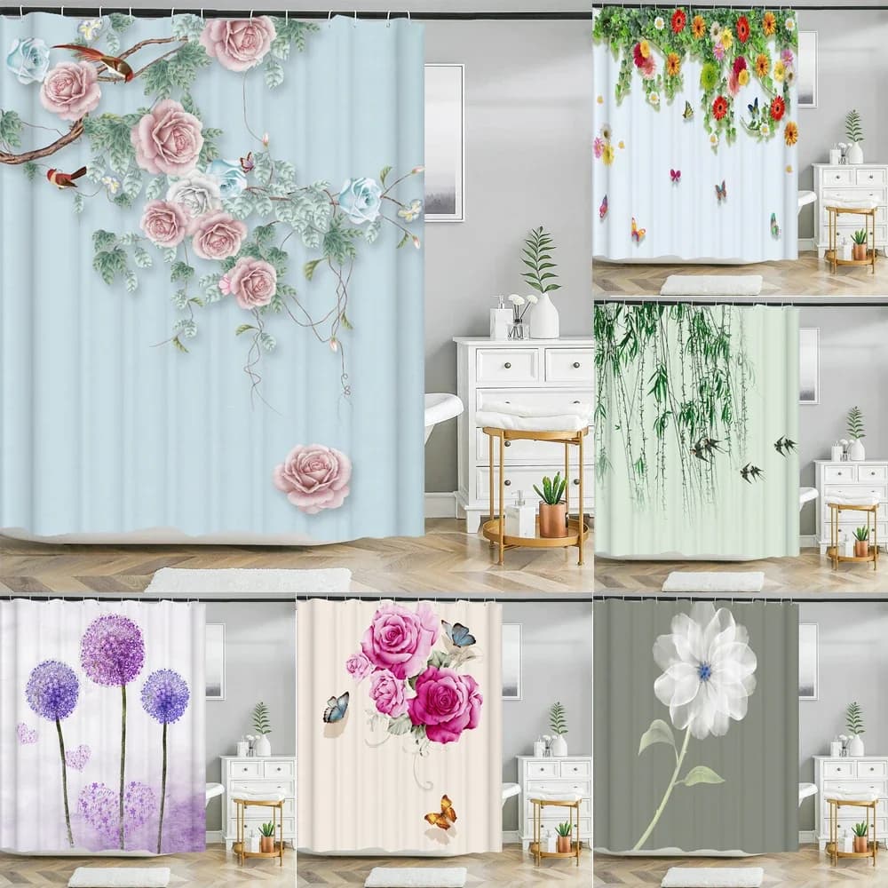 Tende da doccia con bellissimi fiori Tenda 3D stampata floreale per bagno Tenda da bagno impermeabile in tessuto poliestere con ganci