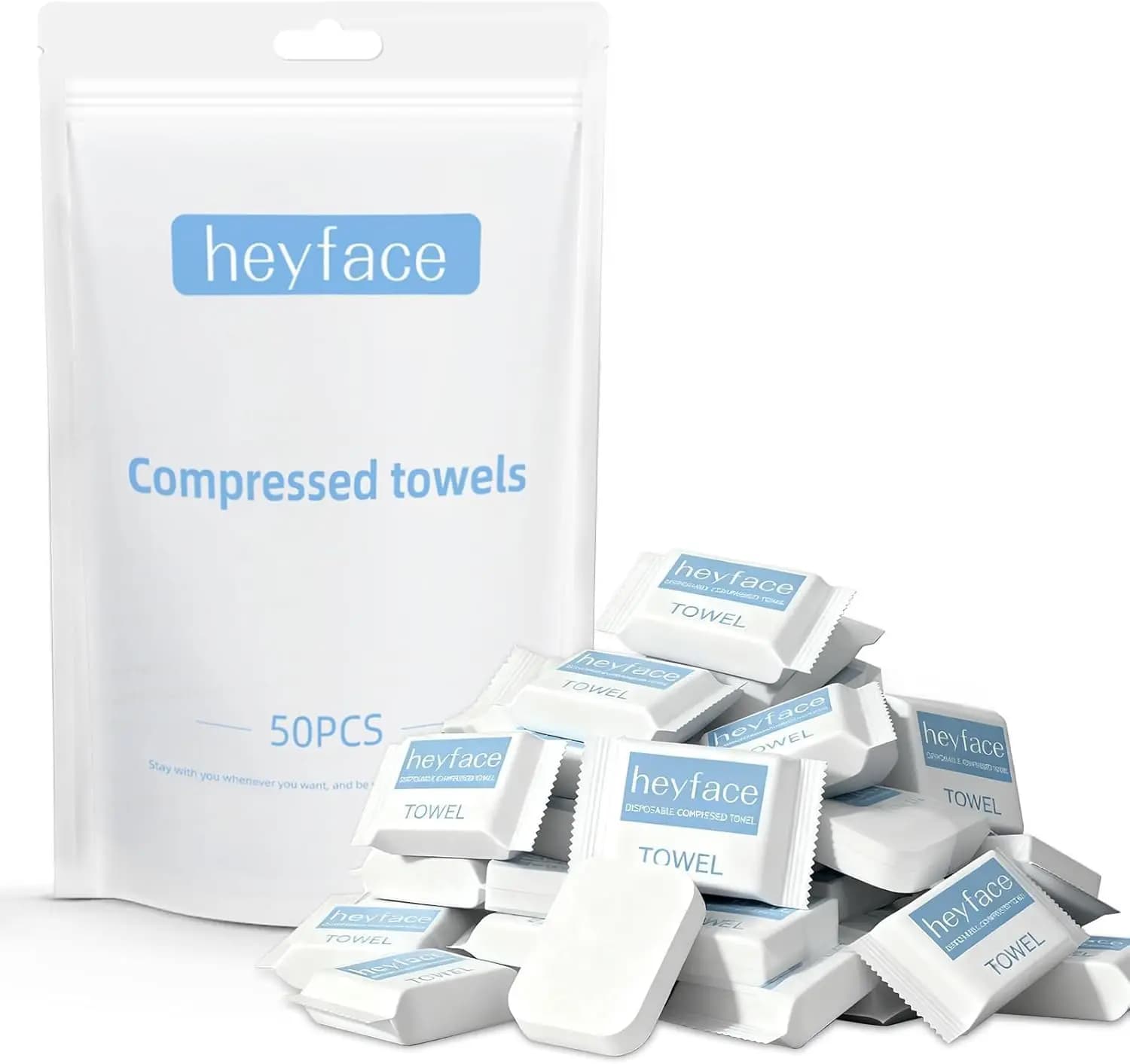 50 Salviette Compresso in Blocco (30x28 cm) per Viaggi e Campeggio, Morbidi Salviettini Monouso con Custodia Impermeabile