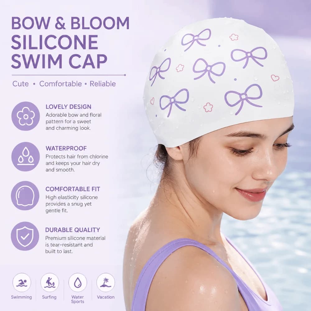 Creative Bow Print Swimming Hat Bow Pattern Funny Bathing Caps Ear Protection High Elastic Silicone Swim Cap Pool Accessories