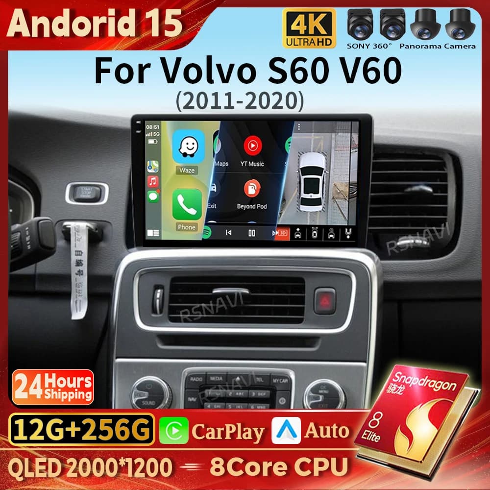 Android 15 Carplay Auto 2K Schermo Autoradio Lettore Multimediale Per Volvo S60 V60 2011 - 2020 2din Autoradio Stereo Qualcomm