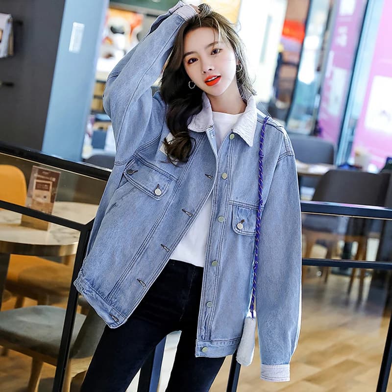 Corduroy Denim Jacket Women Spring Autumn Loose Fit Korean Style Casual Versatile Bf Jacket Collar Long Sleeve Coat