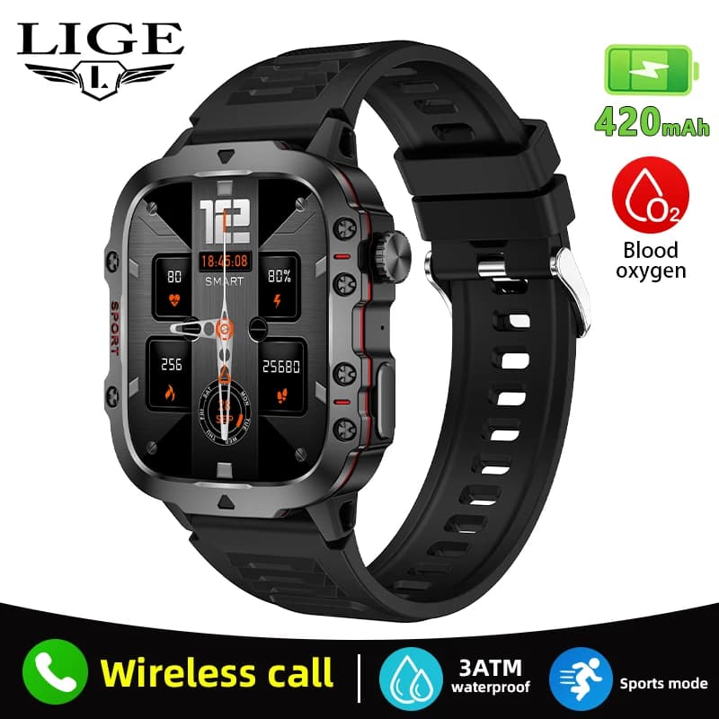 LIGE 2026 Men's Smartwatch Military Fitness Sport Bluetooth call IP68 3ATM Waterproof for Swimming Compatible with iOS Android