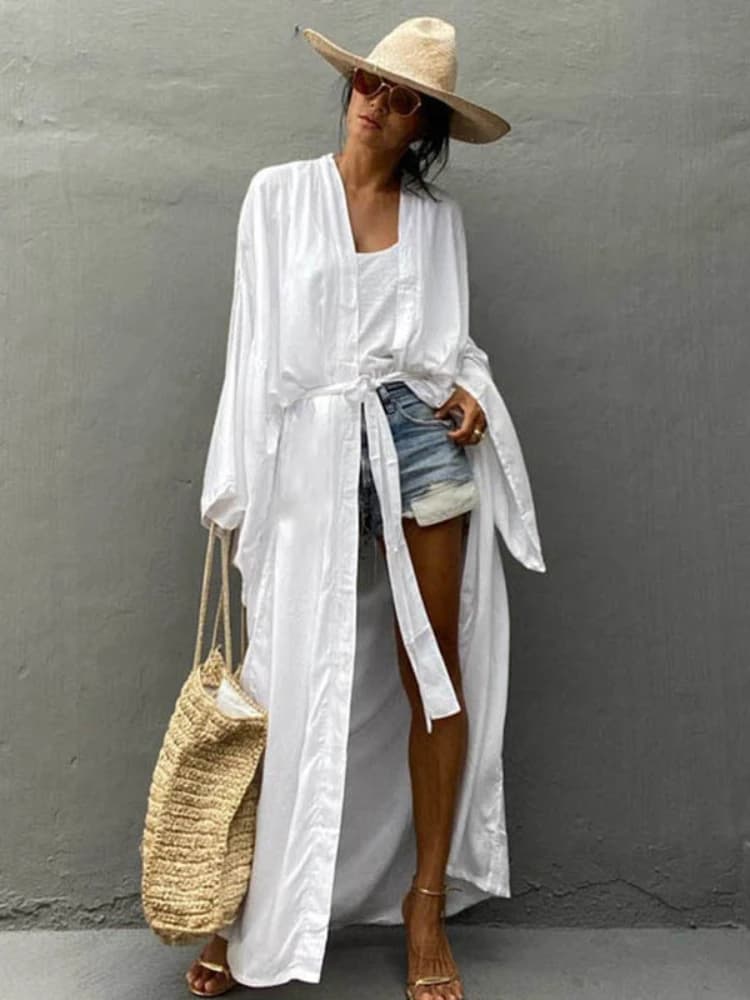 Solid Beach Cover Up Wrap Kimono Dress With Women's Belt Plus Size Swimwear 2022 New Robe Summer Beachwear Factory Supply