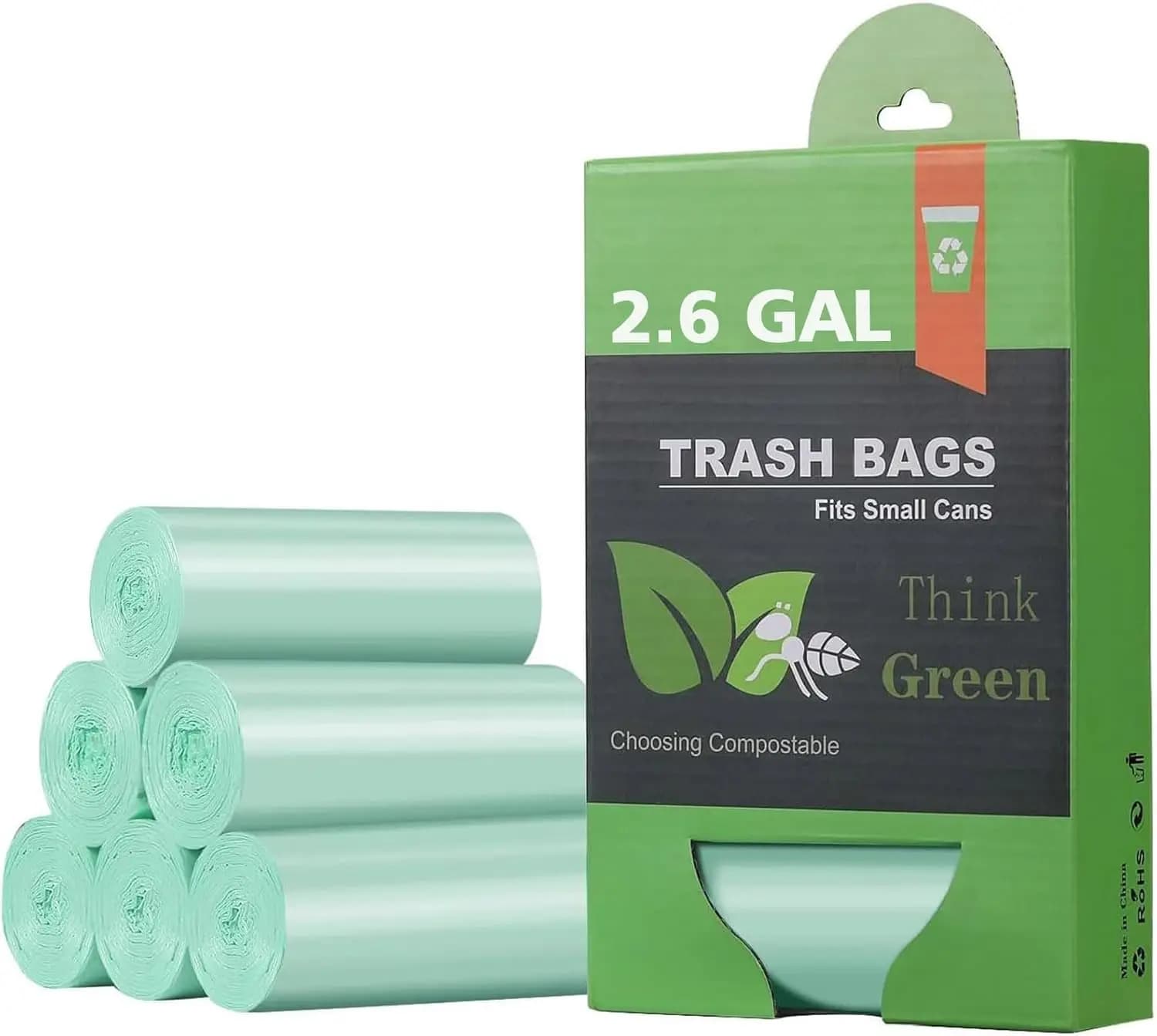 2.6 Gallon Compostable Trash Bags, 125 Count Small Wastebasket Liners for Bathroom Office Kitchen, 10 Liter