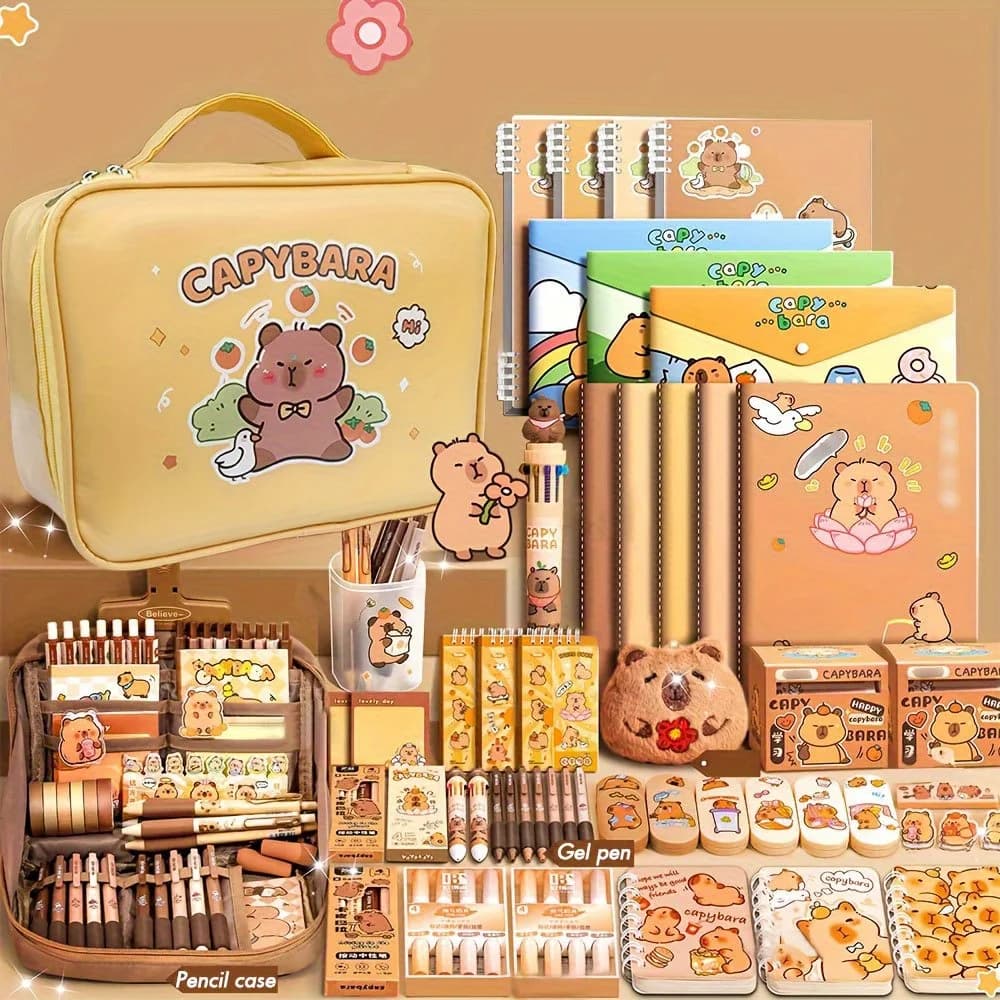 Simpatico set regalo di cancelleria Capybara per studenti, con penne con impugnatura morbida, taccuino, astuccio e confezione di elementi essenziali per lo studio