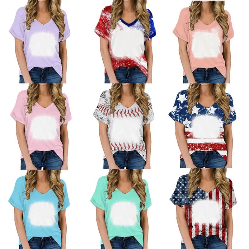 T-shirt estiva da donna con scollo a V, tinta unita per sublimazione, casual a maniche corte, per stampa personalizzata a trasferimento termico