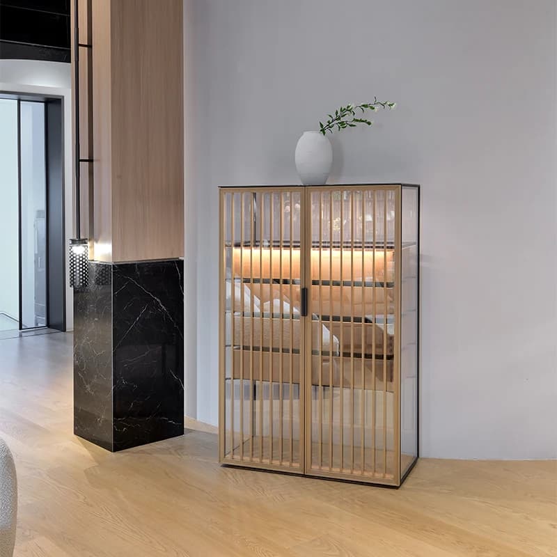 Espositore per vino rosso personalizzato in stile moderno, design in legno e metallo con porta in vetro, per la casa