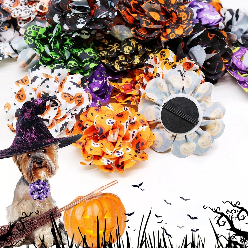 20/40PCS Pet Flower Collars For Halloween Party Elastic Bands Dog Bow Ties Removable Dog Bowties Collars Pet Supplies For Dogs