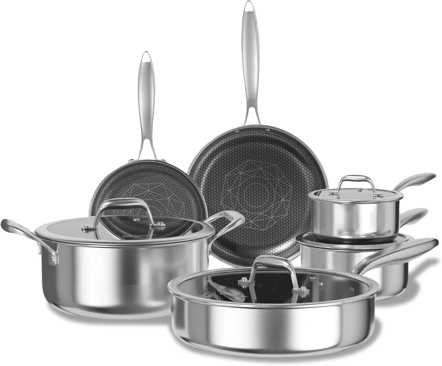 Set di Pentole e Padelle Antiaderenti, Set di Utensili da Cucina in Acciaio Inox Ibrido 10 Pezzi, Padelle, Casseruole, Pentole per Soffritti