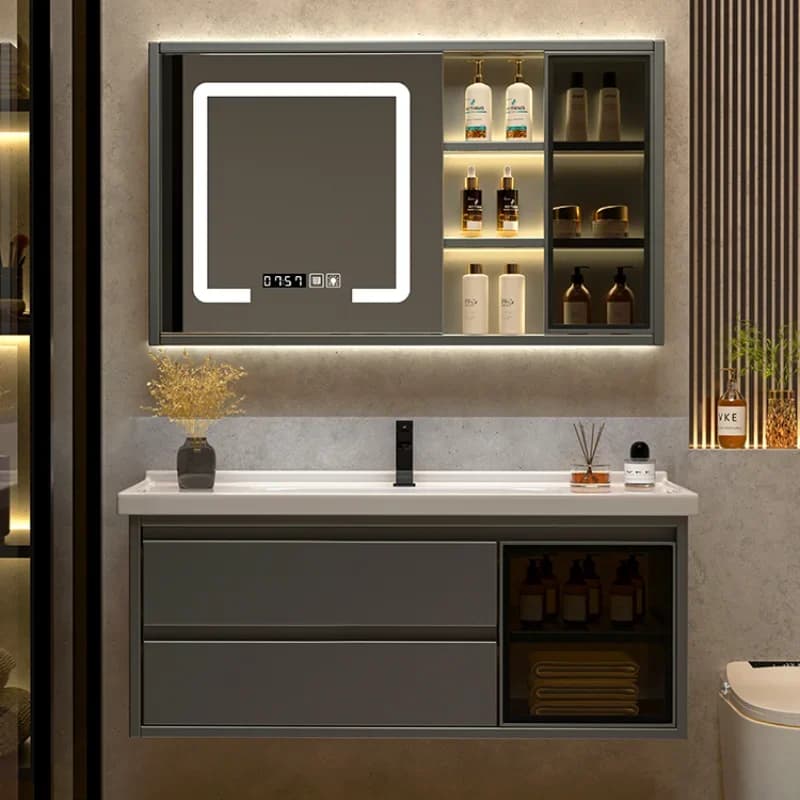 Mobile da bagno Lavabo integrato in ceramica Lavabo combinato Lavandino da bagno Specchio da appoggio Stile semplice e lussuoso