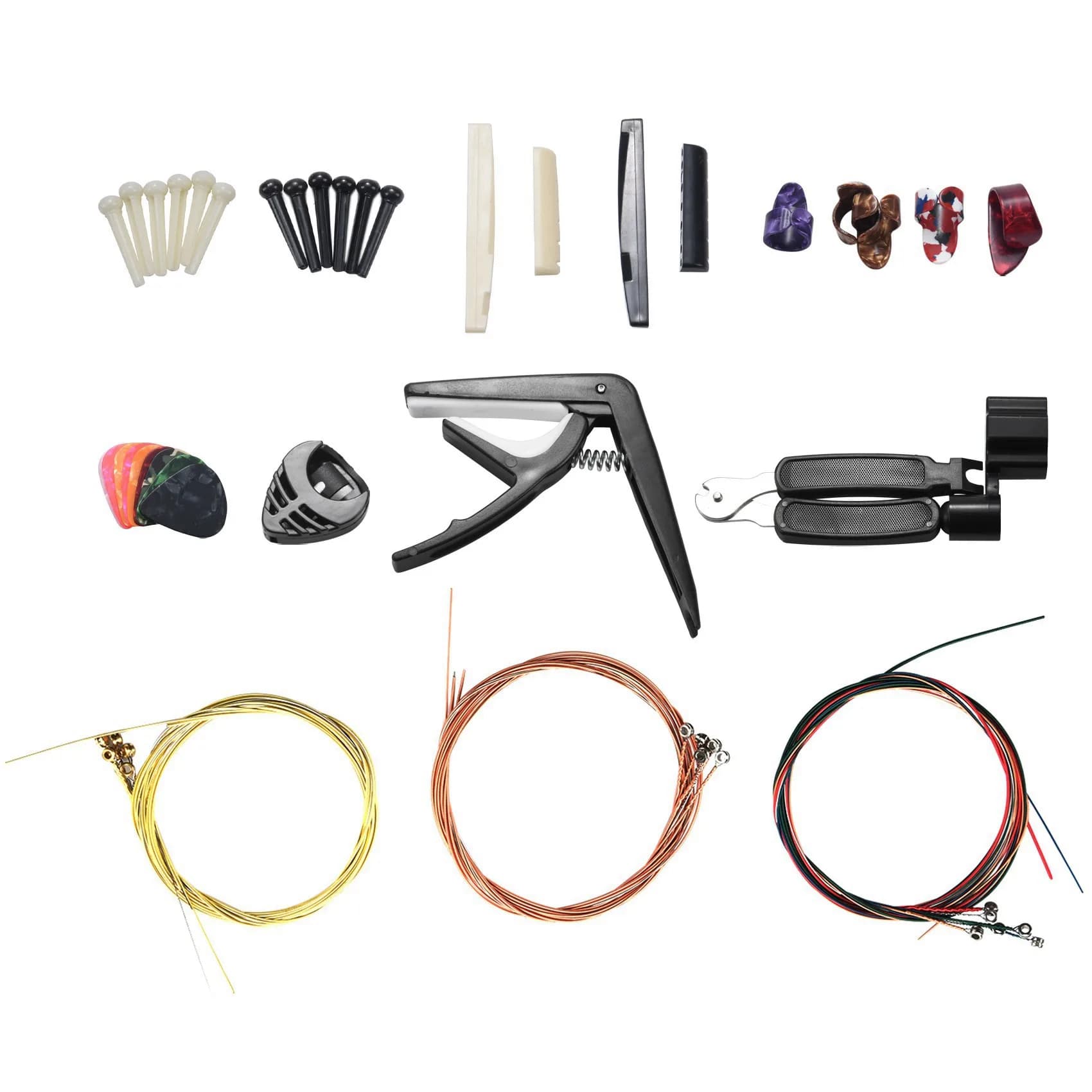 Set Y67A-170 con plettri, capotasto, corde per chitarra acustica, avvolgicorde 3 in 1, perni del ponte, sella del ponte in osso per chitarra a 6 corde