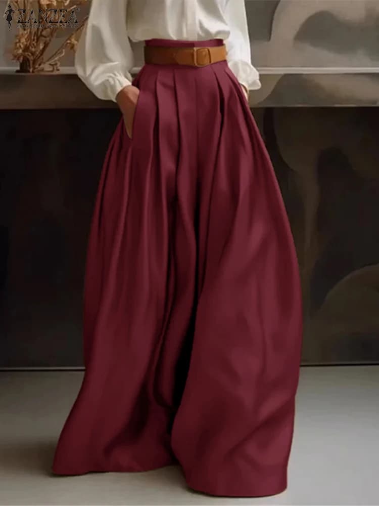2025 Pantaloni casual con tasca a vita alta ZANZEA Pantaloni da donna Pantaloni lunghi eleganti a gamba larga Office Lady Pantaloni formali in raso di seta