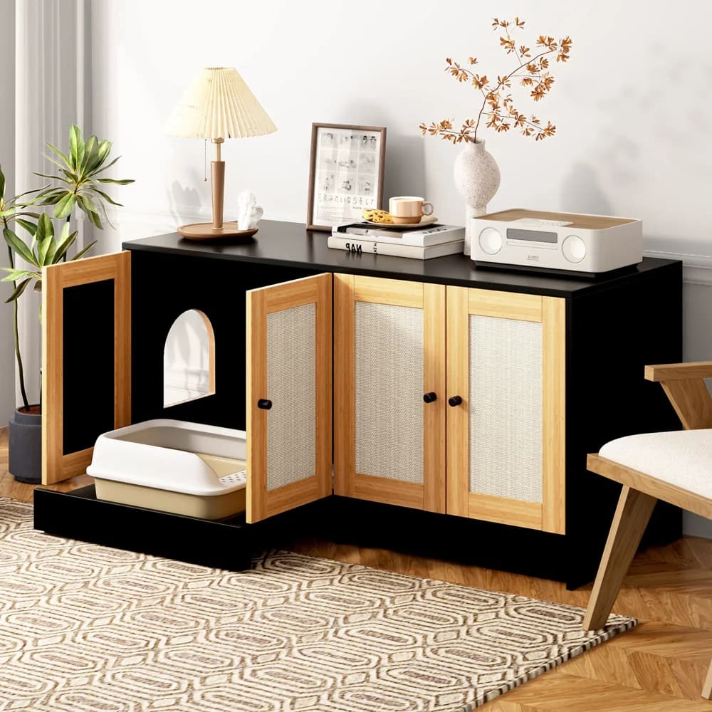 Ye Double Litter Box Enclosure for 2 Cats, Hidden Litter Box Furniture with Rattan Doors, 47" L x 19.8" W x 21.8" H, Black