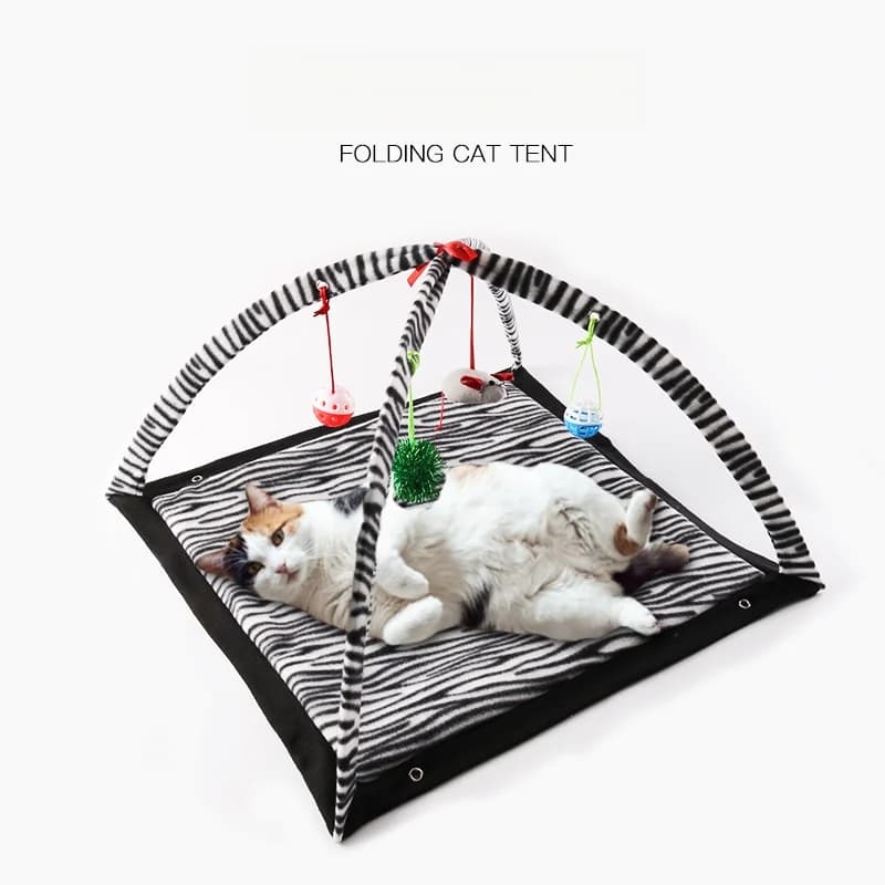Foldable Cat Play Tent With Hanging Interactive Toys Soft Zebra Print Fleece Cat Bed Portable Kitten Activity Play Mat Indoor Pe