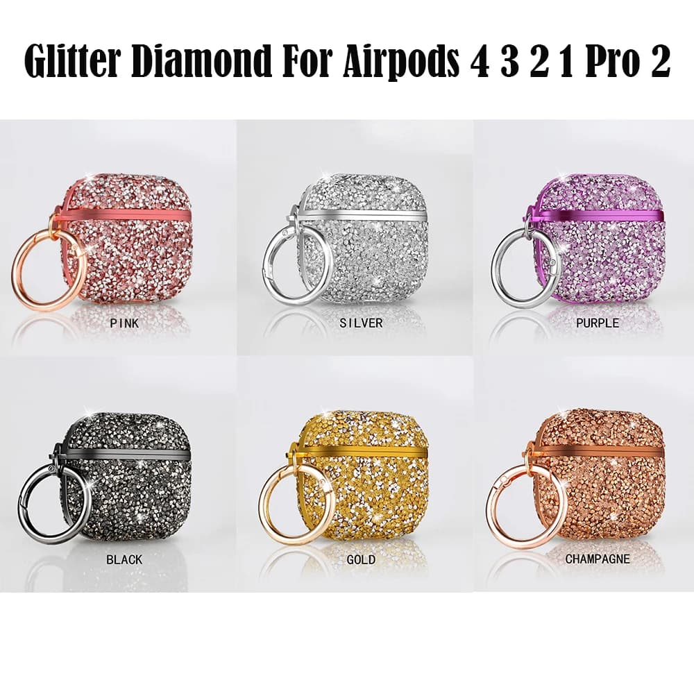 Fonda Per AirPods 4 3 2 1 Pro2 Custodia Glitter Diamond Bling Copertura Della Cuffia Per AirPods 4 4th Pro 2 2nd Custodie TPU Coque Con Gancio
