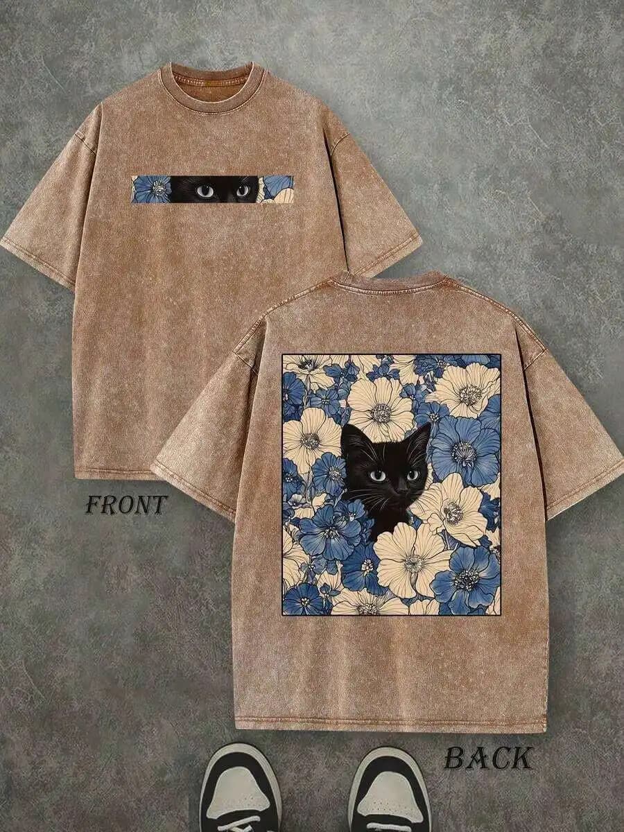 Retro Washed T-Shirt Double Sided Printed (230 Pure Cotton T-Shirt) 'Cat In The Flowers' Cat And Flowers Pattern Print, Mens