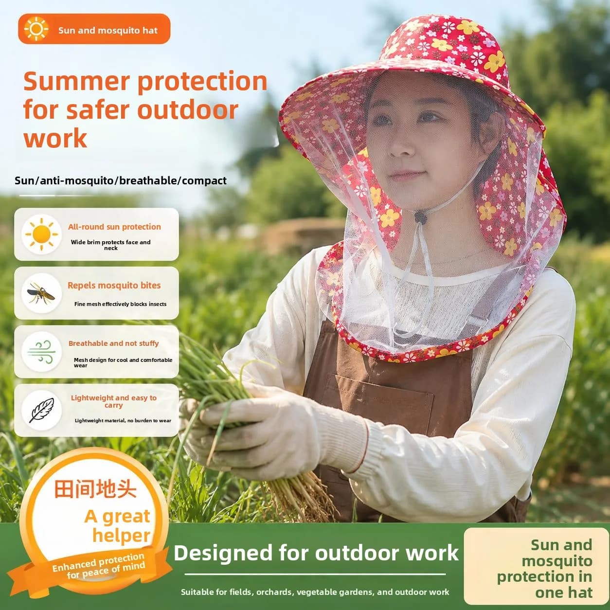 Women's Summer Sun Protection Hat Full Face Mosquito Net Breathable Outing Cap Casual Style Youth Suitable Flat Brim Hat
