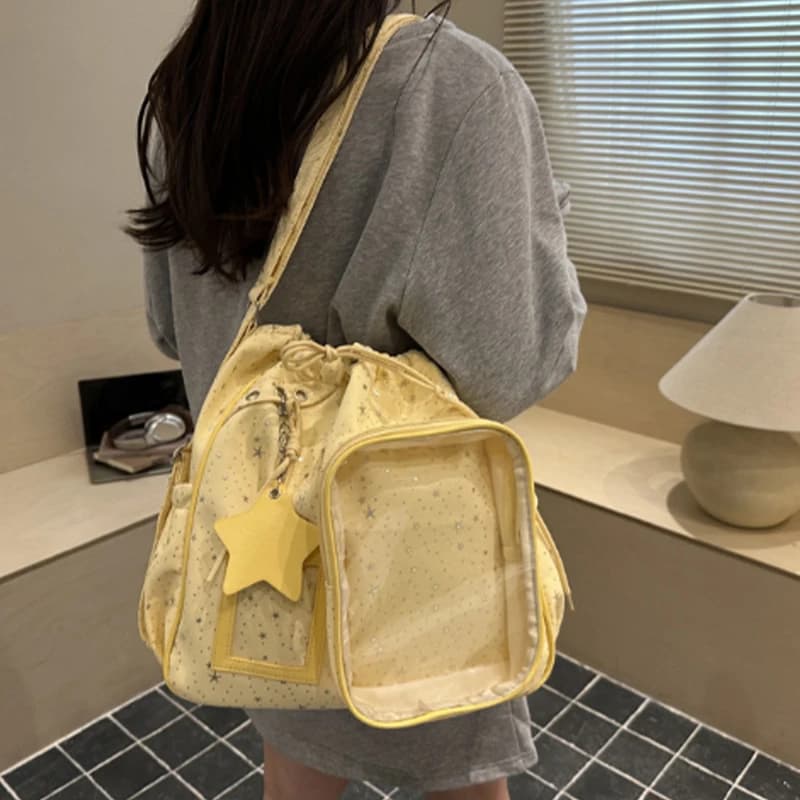 Kawaii Light Blue Star Ita Bag Clear Display Window Shoulder Bag Adjustable Strap Drawstring Backpack Anime Cosplay Handbag