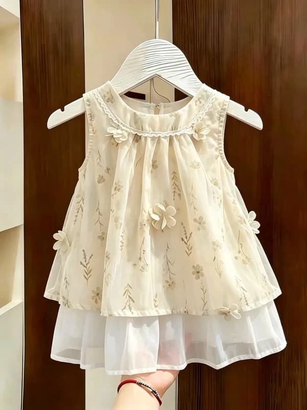 Girls Summer 2026 New Style Comfortable Fashionable Sleeveless Casual Floral Chiffon Dress Korean Version Natural Waist Cotto...