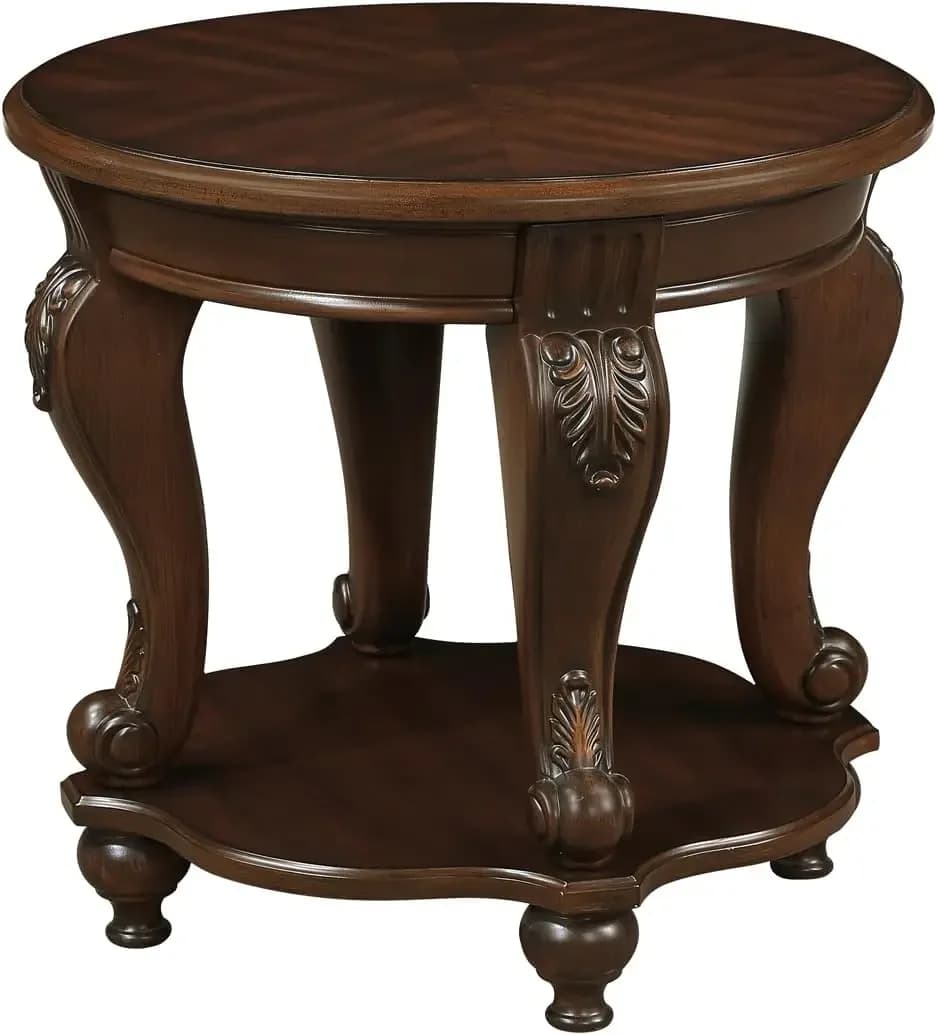 Tavolino Rotondo in Legno di Ciliegio 22 Pollici, Tavolino Vintage con Gambe Intagliate Antiche, Montaggio Semplice