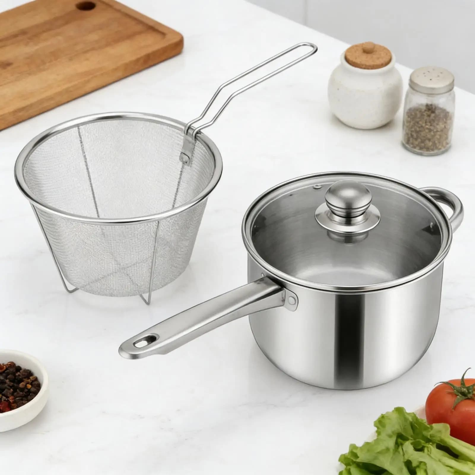 Stainless Steel Nonstick Deep Frying Pot Long Handle Deep Fryer Pan Kitchen Utensils, for Cooking French Fries Home Restaurant