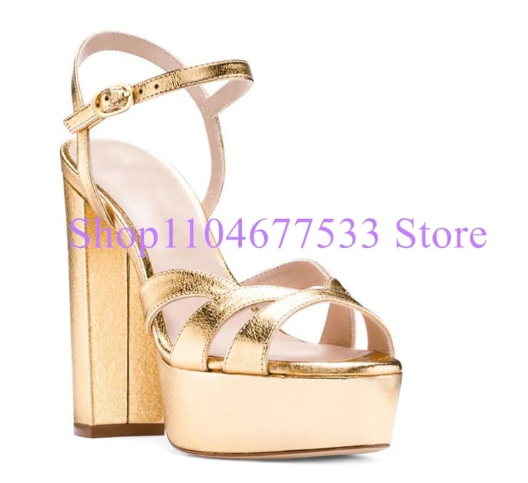 New Gold Color Platform Chunky Heel Lady Sandals Fashion Peep Toe Large Size Woman Dress Sandals Female Sexy Snakeskin Pumps