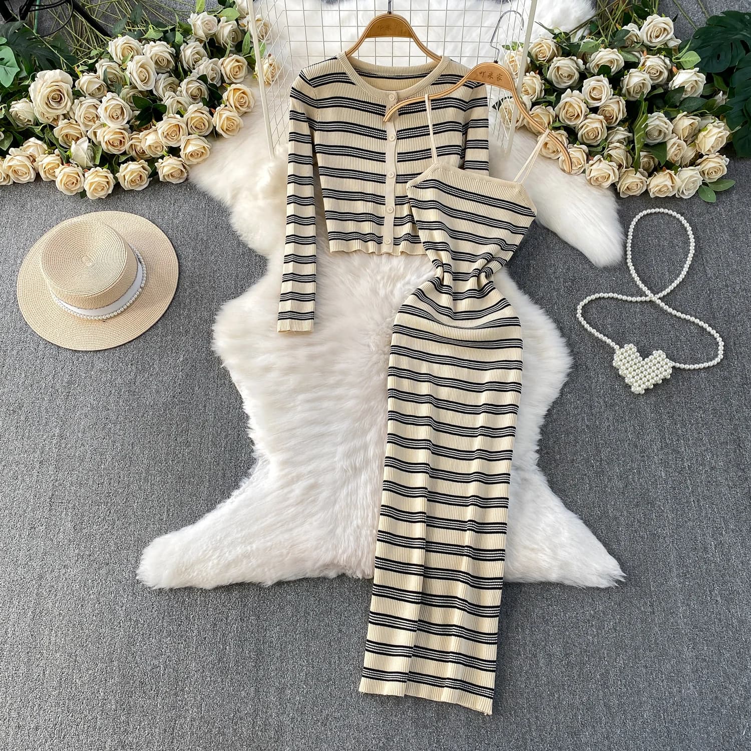 Vintage Elegant button striped Knit long sleeve korean Fashion women clothing autumn dresses Two Piece Set