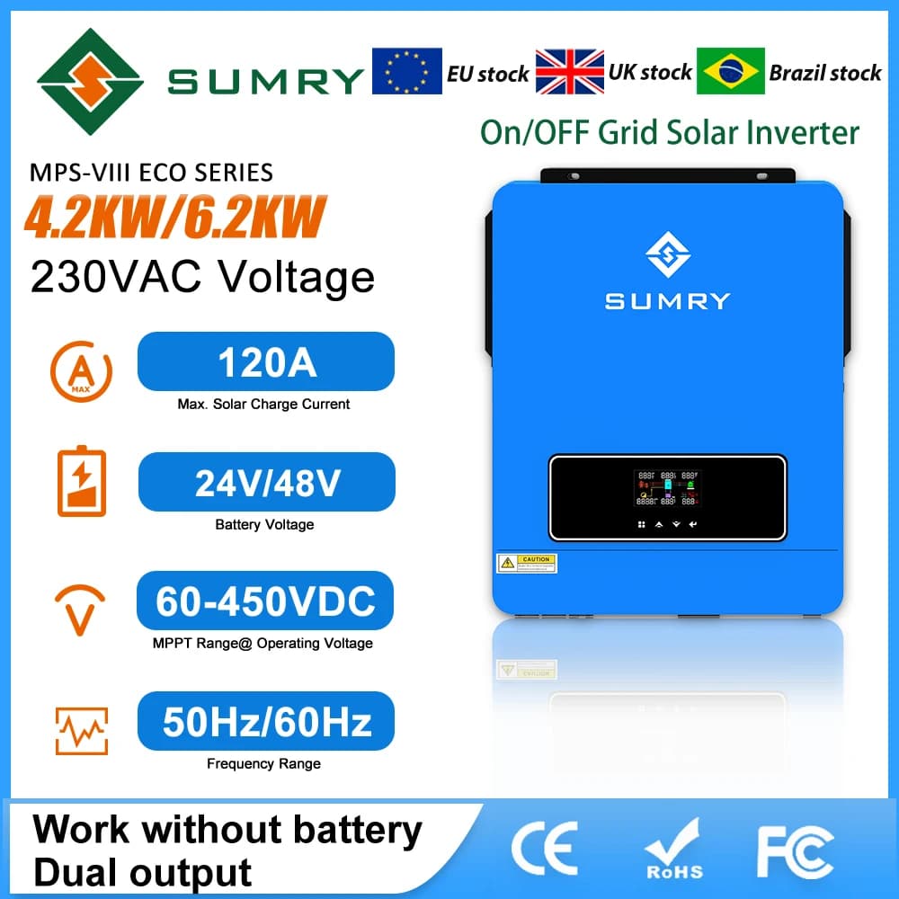Sumry 4.2/6.2kw Inverter solare ibrido 24/48V Doppia uscita on/off Grid Onda sinusoidale pura 60~450V con regolatore di carica 120A MPPT