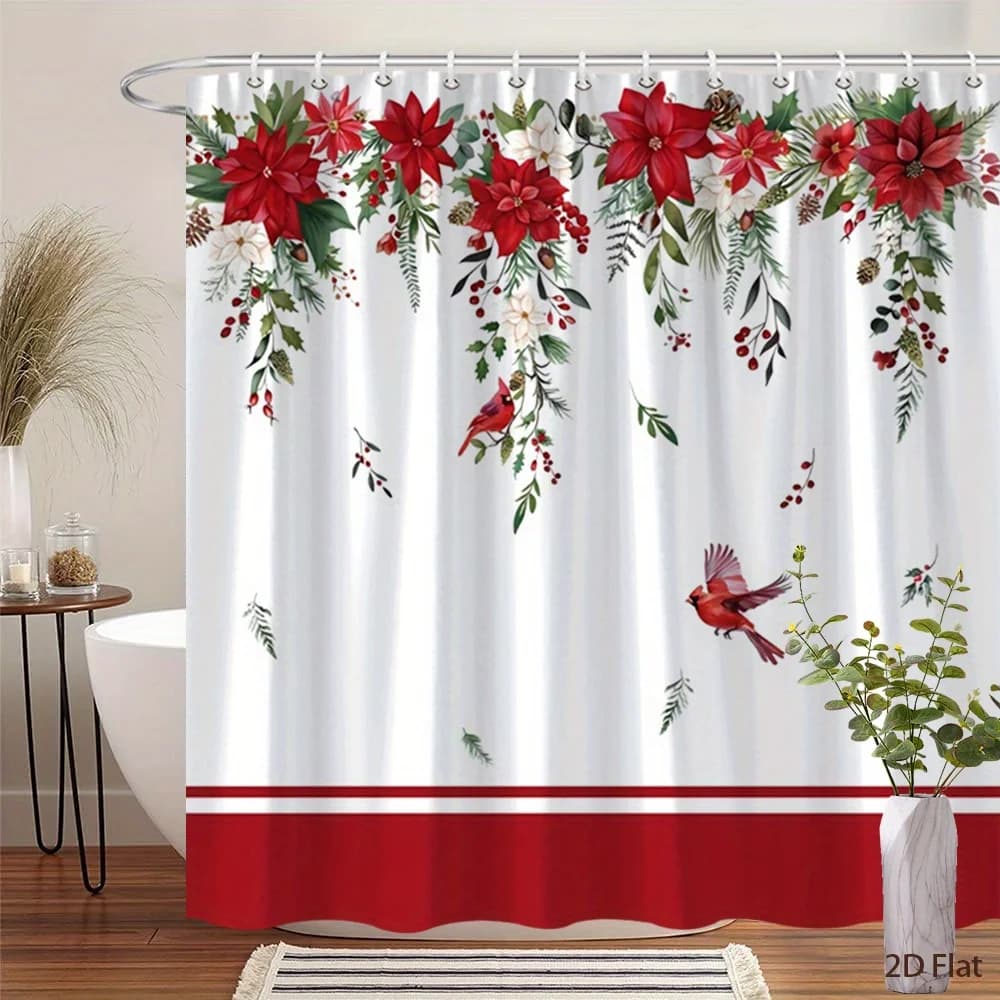 Elegant Red Floral Botanical Shower Curtain Waterproof Bathroom Decor Liners Tropical Print Shower Curtain for Modern Home Style