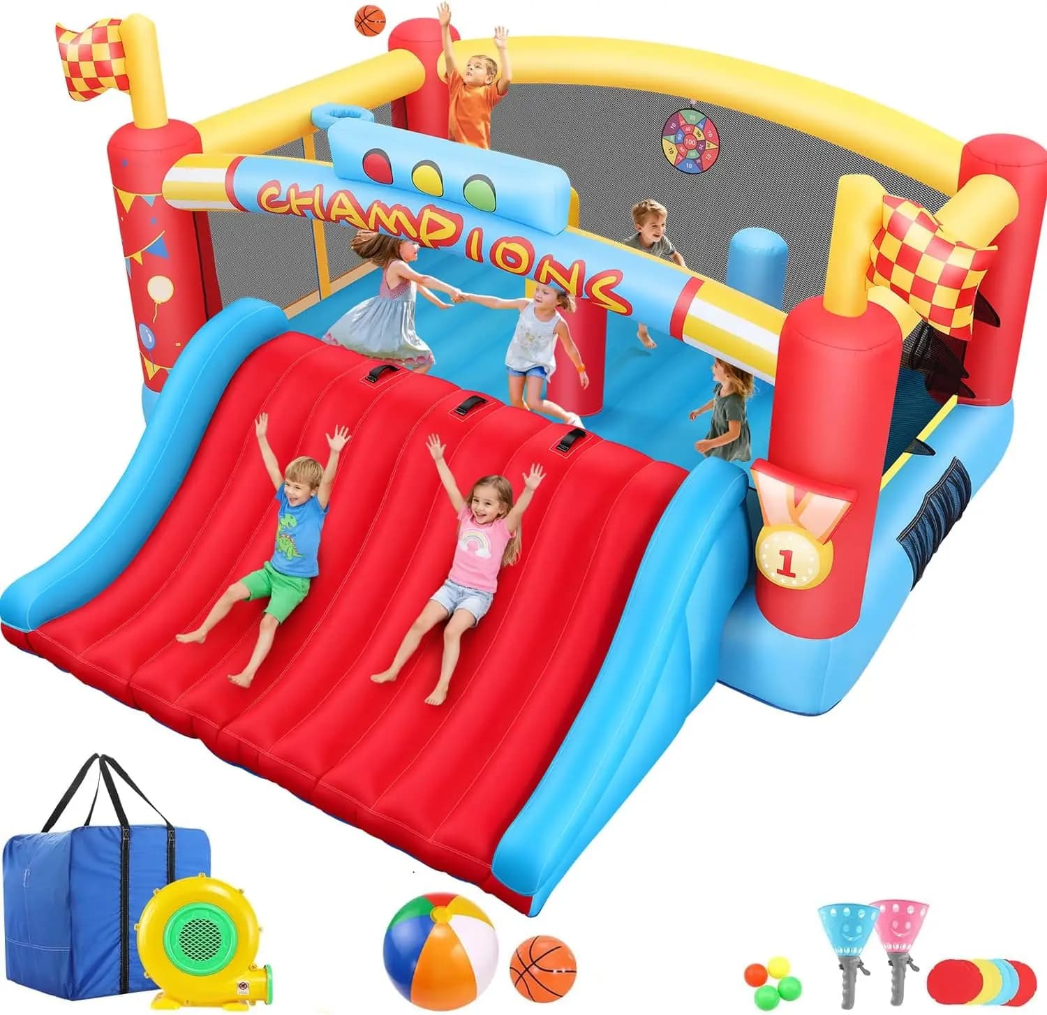 13FT Big Inflatable Bounce House for Kids with Blower Double Basketball Hoop Outdoor Inflatable Castle Amusement Park Game
