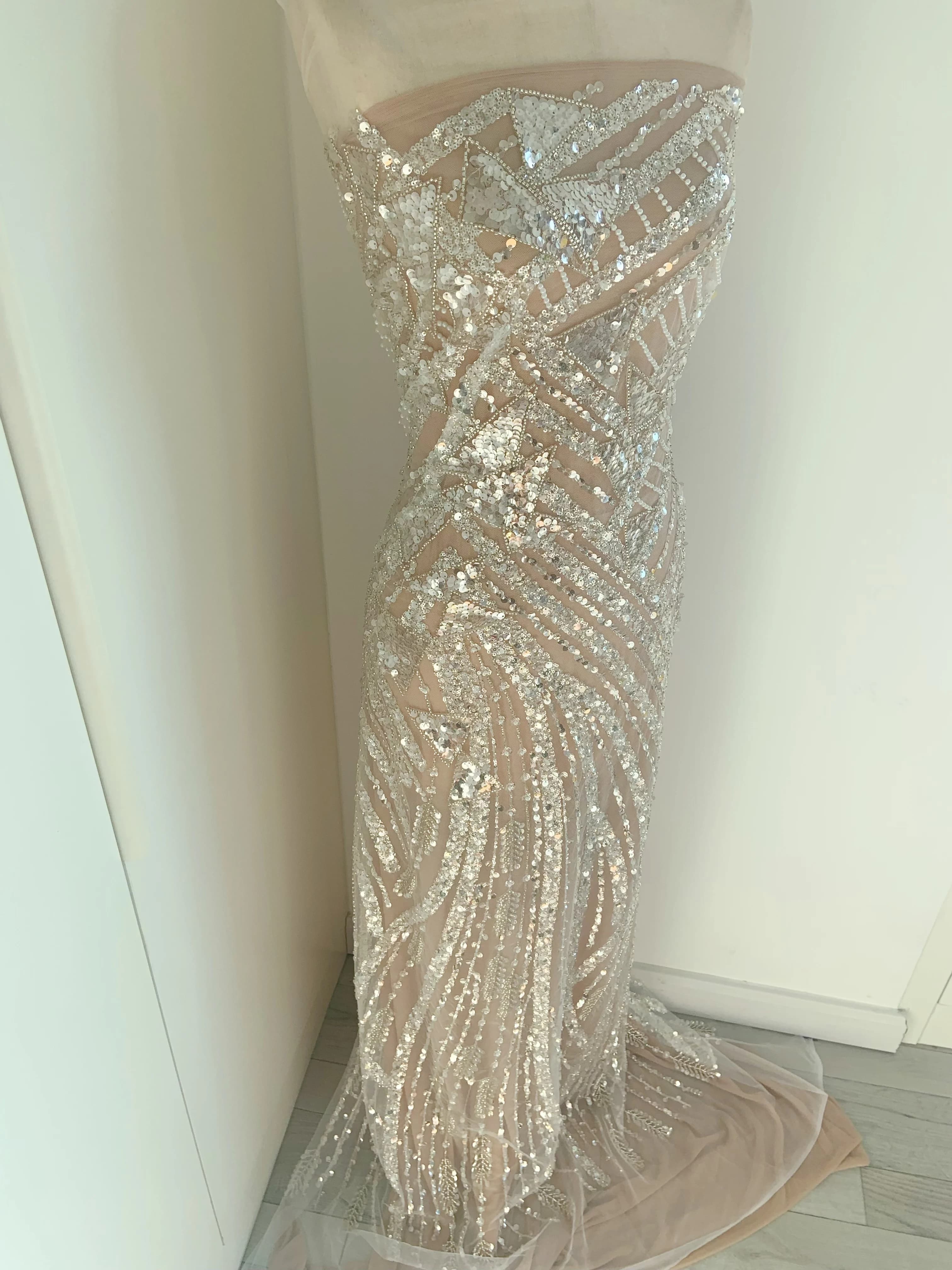 1 Yard Off White Heavy Sequined Tulle Lace Fabric Sparkle Geometry Gauze for High End Wedding Dress,Luxurious Ball Gown