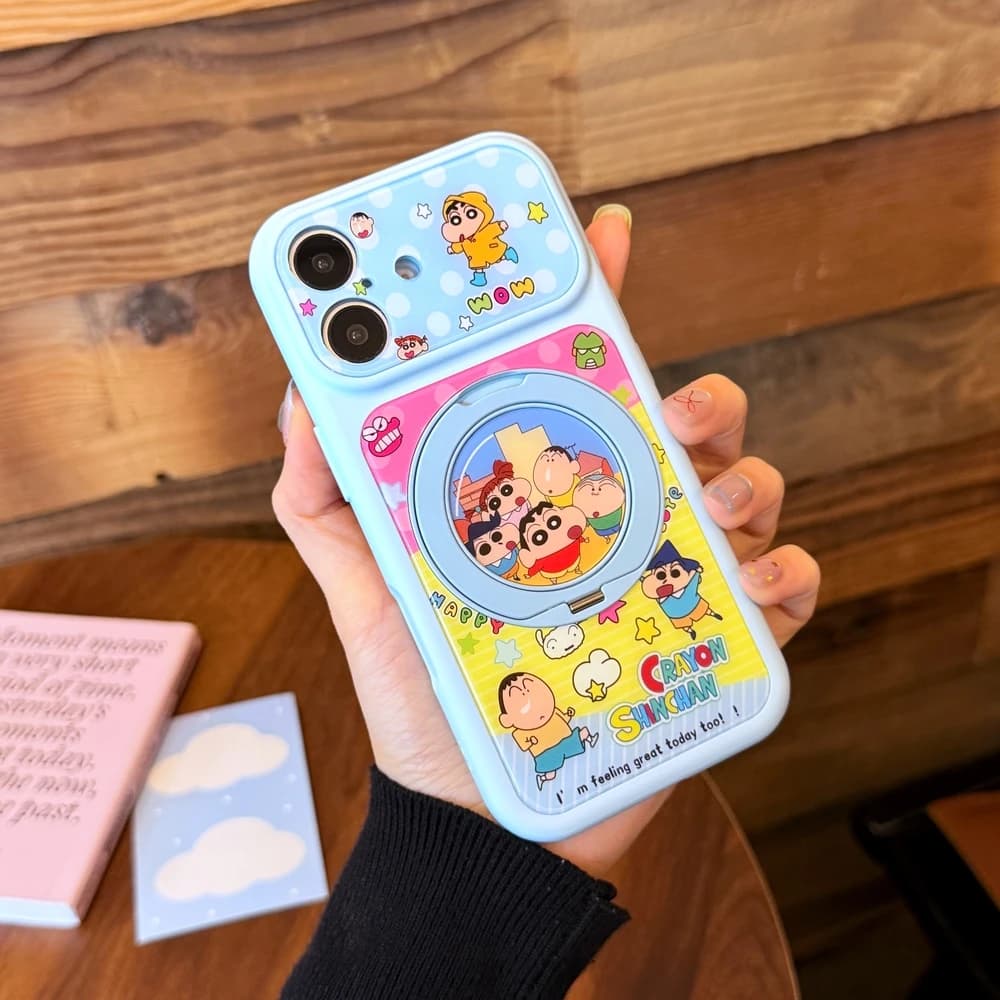 Simpatico Cartone Animato Giapponese Crayon Shin-chan 360 ° Custodia per telefono con supporto girevole e anello per iPhone 17 16 15 14 13 Pro Max