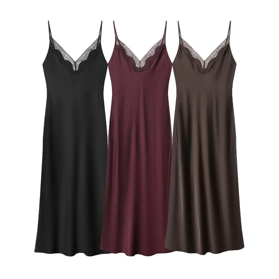 【Nuovo stile】Abito con bretelle in raso di seta per donna, nuovo stile estate 2026, con cuciture in pizzo, scollo a V e linea drappeggiata