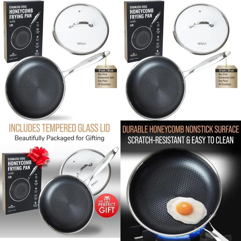 12 Honeycomb stainless steel non-stick pans with lid, suitable for induction hob, gas and electric, oven and dishwasher