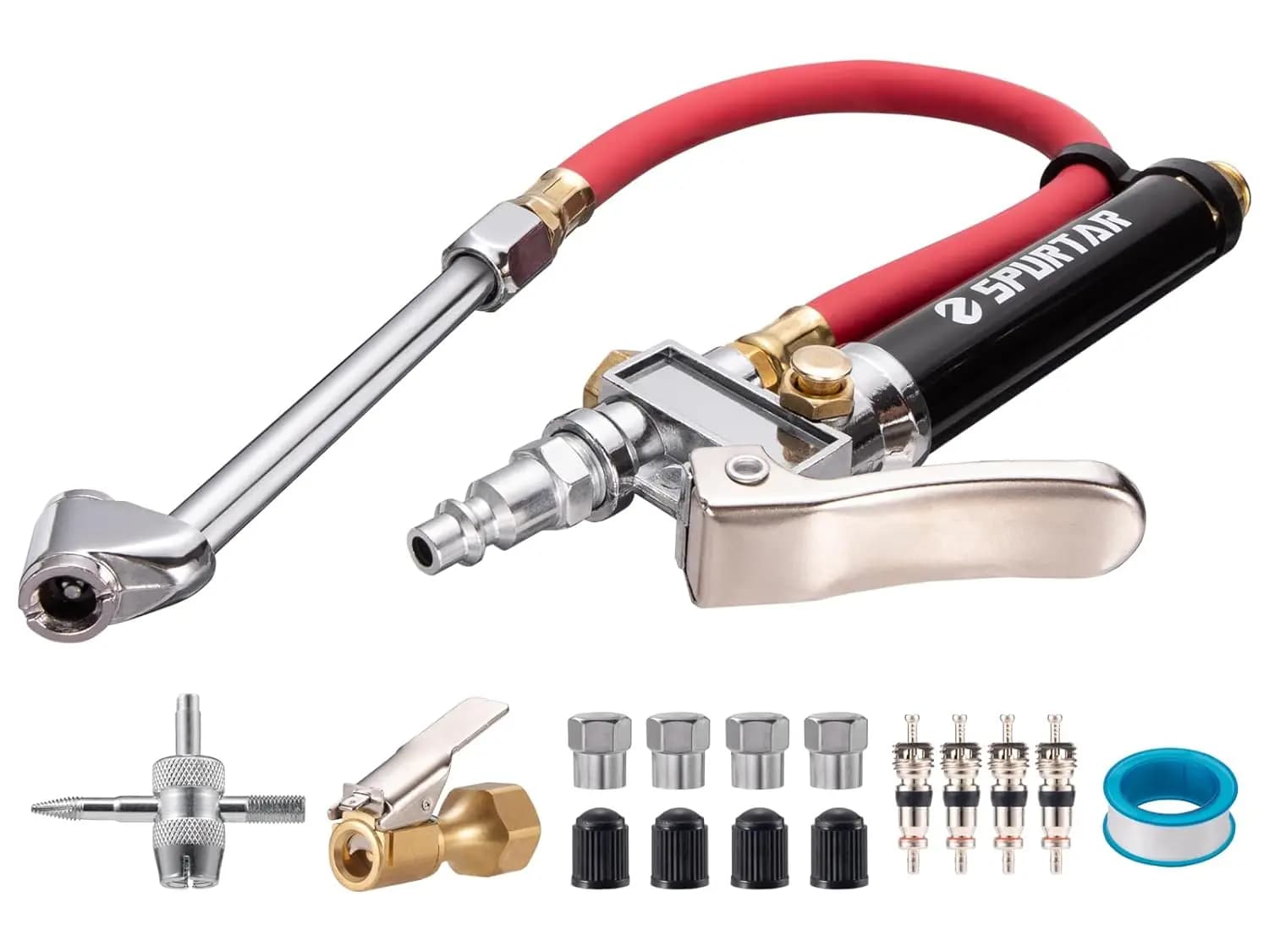 Manometro per pneumatici per impieghi gravosi con gonfiatore, 10-120 PSI, include strumento a 4 vie e valvole per auto, camion e uso automobilistico