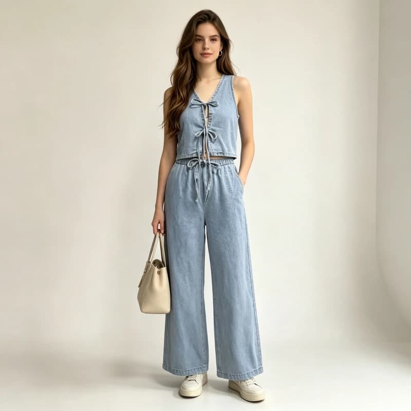 Completo in denim da donna due pezzi: gilet scollo a V senza maniche e pantaloni lunghi a gamba larga con lacci, vita elasticizzata, stile Y2K streetwear, estate 2026