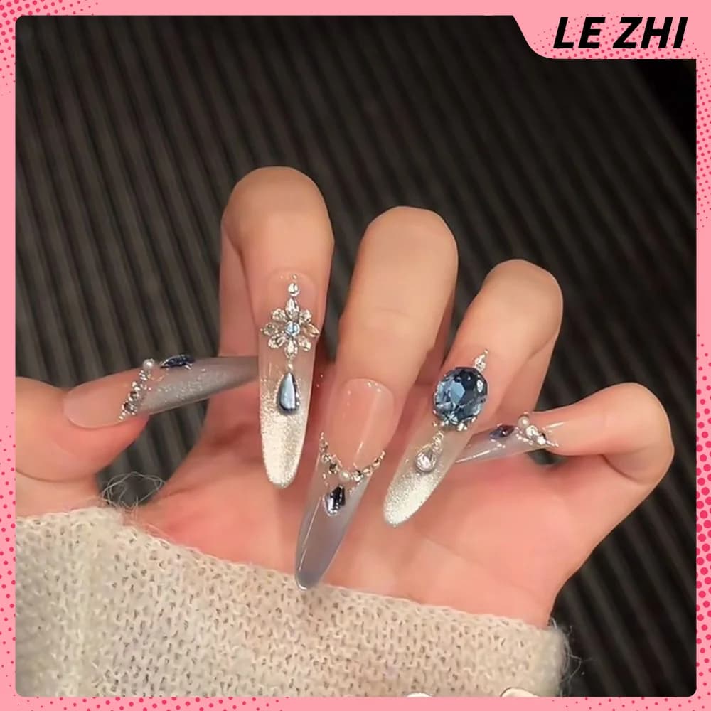 10 Pieces Fin Nails Blue Cat Eye Effect with 3D Strass, Fin Nails with Diamonds and Pearls, Press-On Nails French Style, Press-On Nails to Mandorla for Nail Art