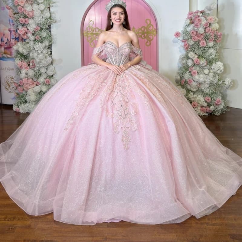 Abito Rosa Lucido da Principessa per Festa dei 16 Anni, Vestito Quinceanera con Applicazioni in Pizzo, Perline, Cristalli e Fiocco in Tulle, Abito per Compleanno e Festa dei 15 Anni