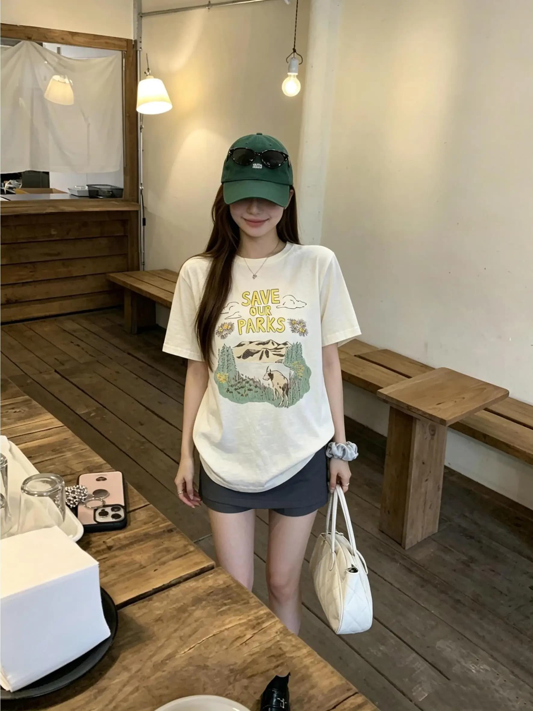 Korean Style Casual Letter Print Short Sleeve T-Shirt Women's Summer New round Neck Versatile Slimming Top Trendy High Waist