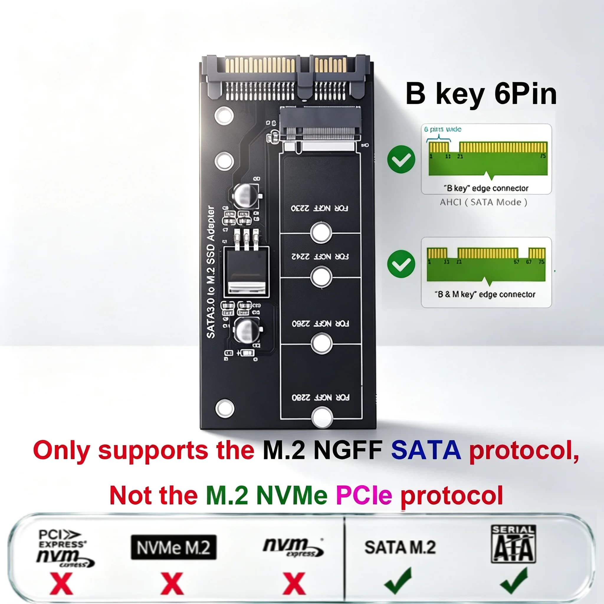 M.2 NGFF to SATA3 Adapter Card, B‑Key SATA Protocol M.2 SSD to SATA 3 Converter Board for SATA Drive Interface