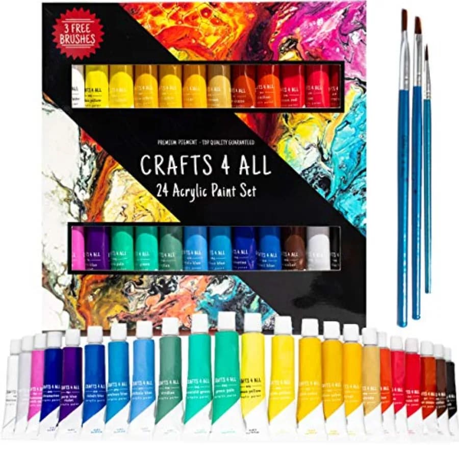 Acrylic Paint Set for Adults and Artists - 24 Pack of 12mL Paints with 3 Art Brushes, Non-Toxic Craft Paint for Easter Eggs, Ce
