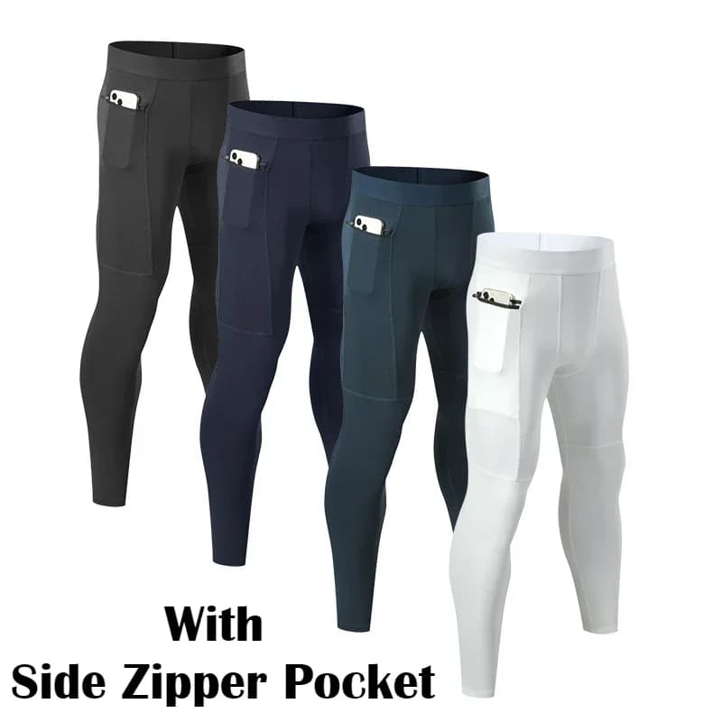 Pantaloni da compressione da allenamento per maratona da uomo, collant ad asciugatura rapida, leggings sportivi, palestra, fitness, per uomo, con tasca laterale con cerniera