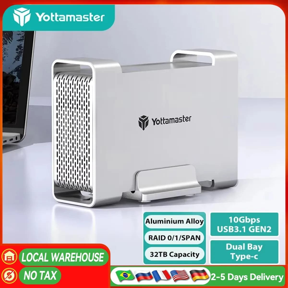 Yottamaster Box Esterno RAID a 2 Bay per Hard Disk/SSD SATA da 2.5" e 3.5" USB 3.1 Type-C 5/10Gbps