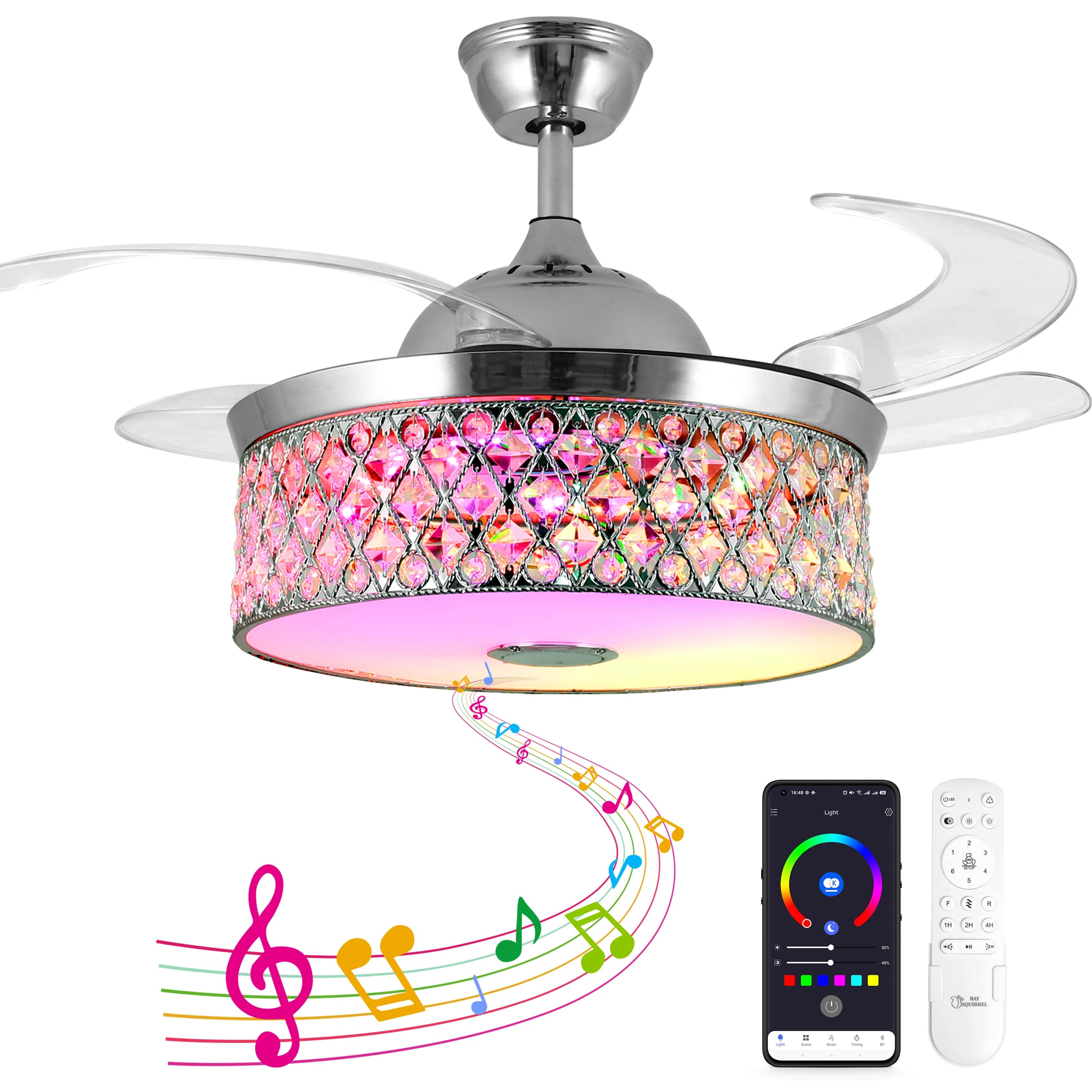 42in Retractable Bluetooth Ceiling Fan with Light and Speaker, Flush Mount Ceiling Fans,RGB-LED 6 Speed Reversible Modern Invisible Ceiling Fans,Remote and APP Control