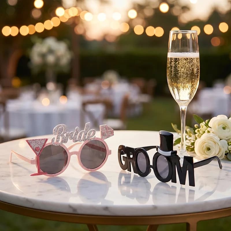 Set di 2 occhiali da sole divertenti per sposi, occhiali a tema matrimonio per addio al nubilato, bomboniere e accessori per foto