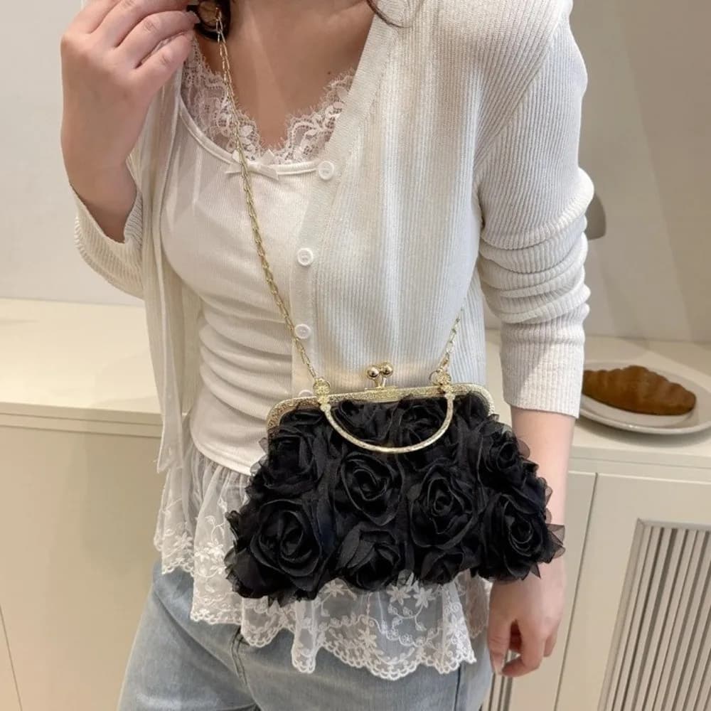 Borsa da Sera di Lusso in Chiffon con Fiore 3D, Chiusura a Scatto, Tracolla a Catena, Stile Coreano, Borsa a Tracolla da Viaggio