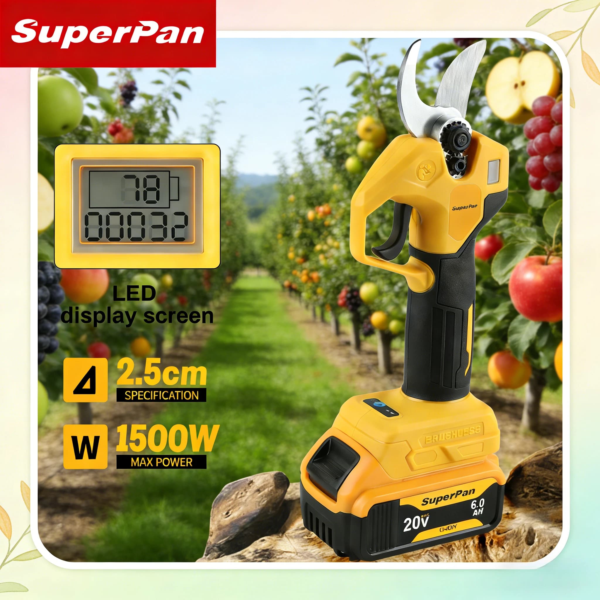 SuperPan Battery Electric Scissors for Power, Cut 2.5cm, No Brushes, for Frutteti, Compatible with Dewalt Battery 20V